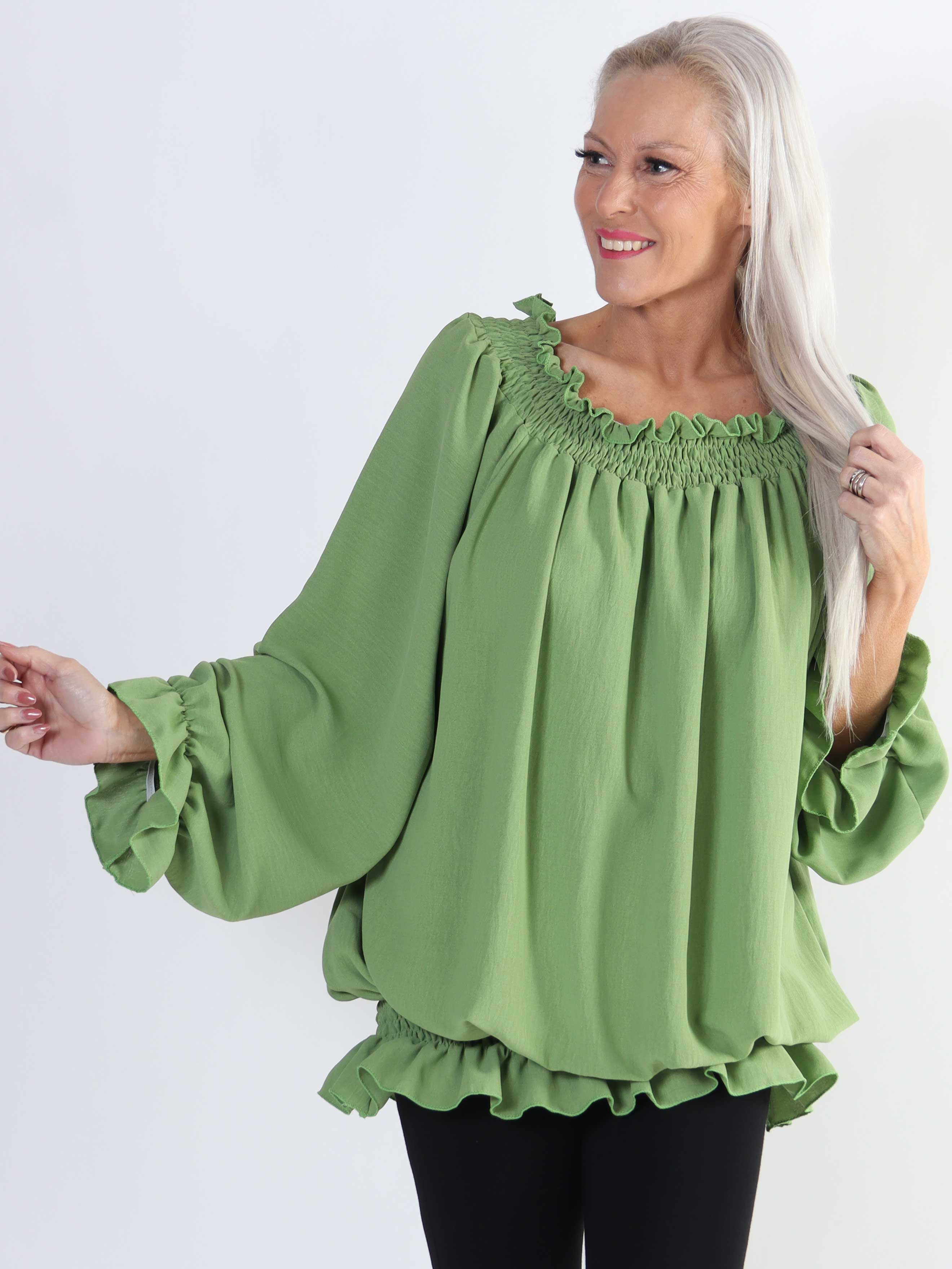 Monik - Enfärgad tunika i stor storlek med resår och volang i kanterna - Purple